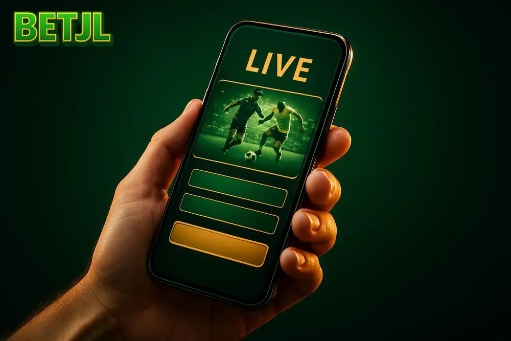 BETJL App — a hand holding a phone with a live sports betting screen