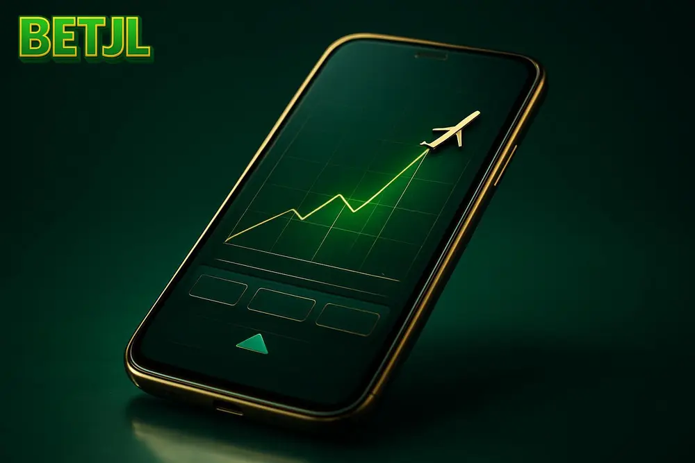 BETJL Aviator Game — a smartphone showing a crash-style betting game with rising graph lines