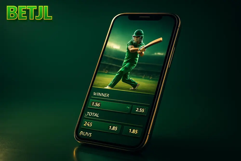 BETJL Cricket Betting — a smartphone displaying live cricket match statistics and odds