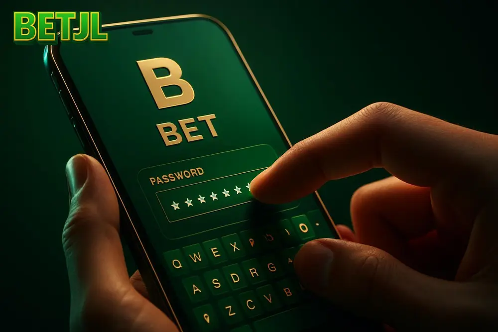 BETJL Login — a hand typing a password on a glowing mobile app interface